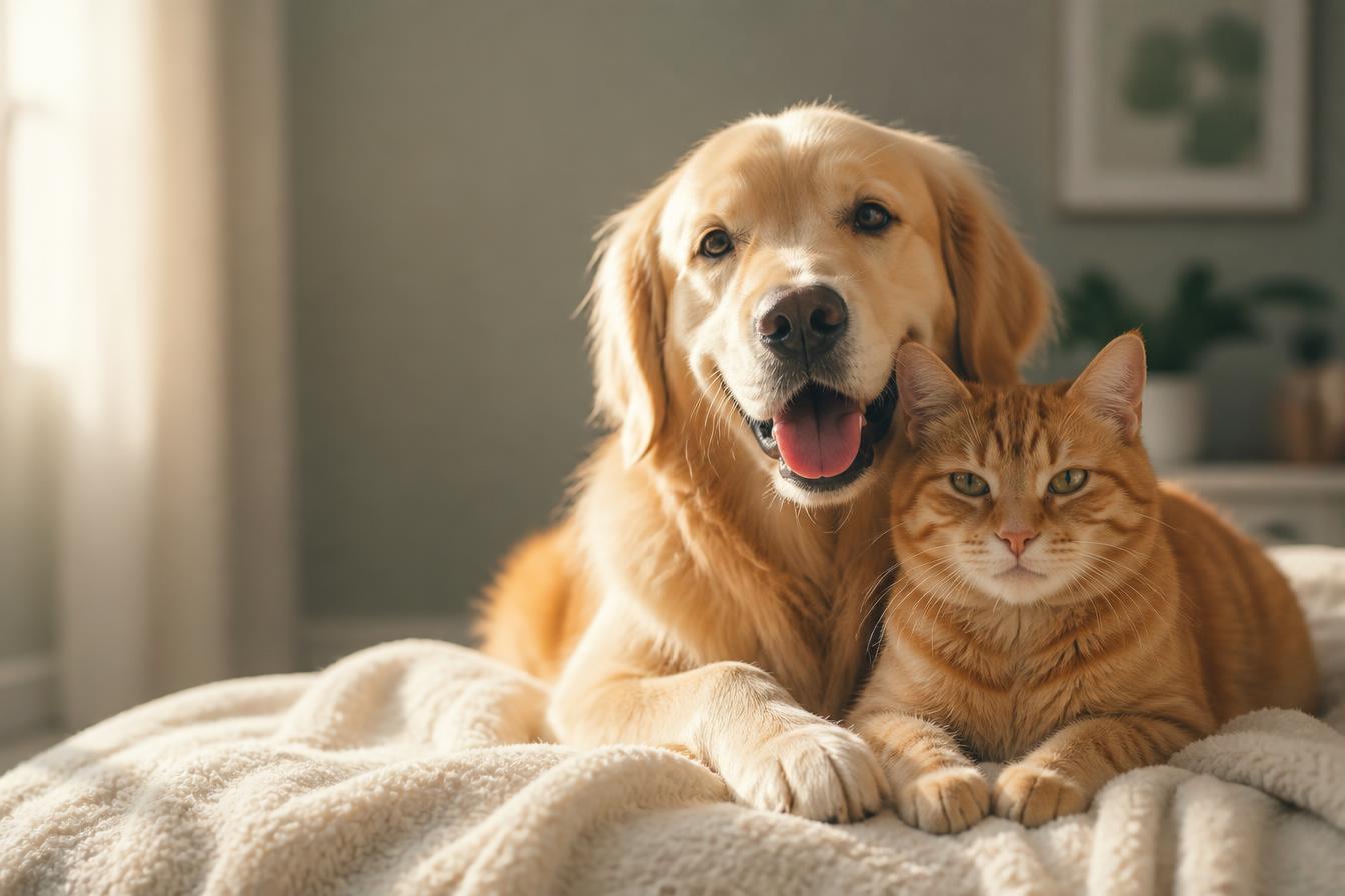 A happy golden retriever and orange tabby cat sitting together on a cozy blanket
